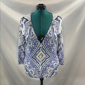 Chico's Blue and White Geometric Cardigan